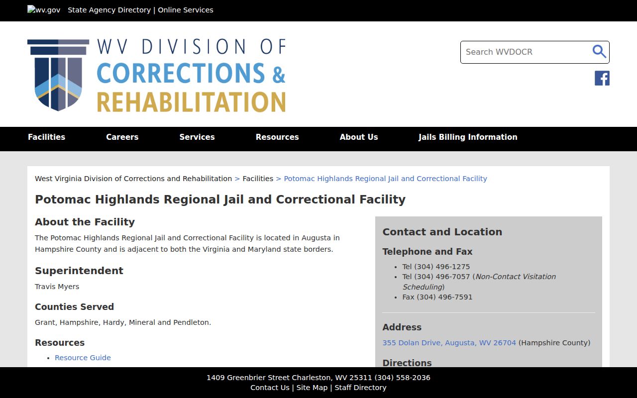 Pendleton County arrest history Potomac Highlands facility information