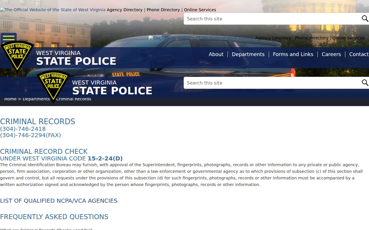 Pendleton County criminal history West Virginia State Police official check instructions