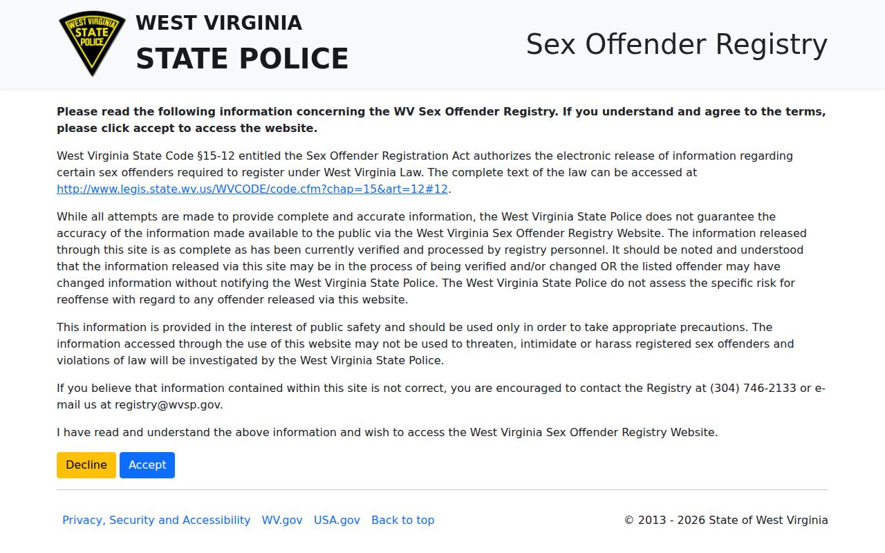 Pendleton County sex offender check registry disclaimer and accuracy notice